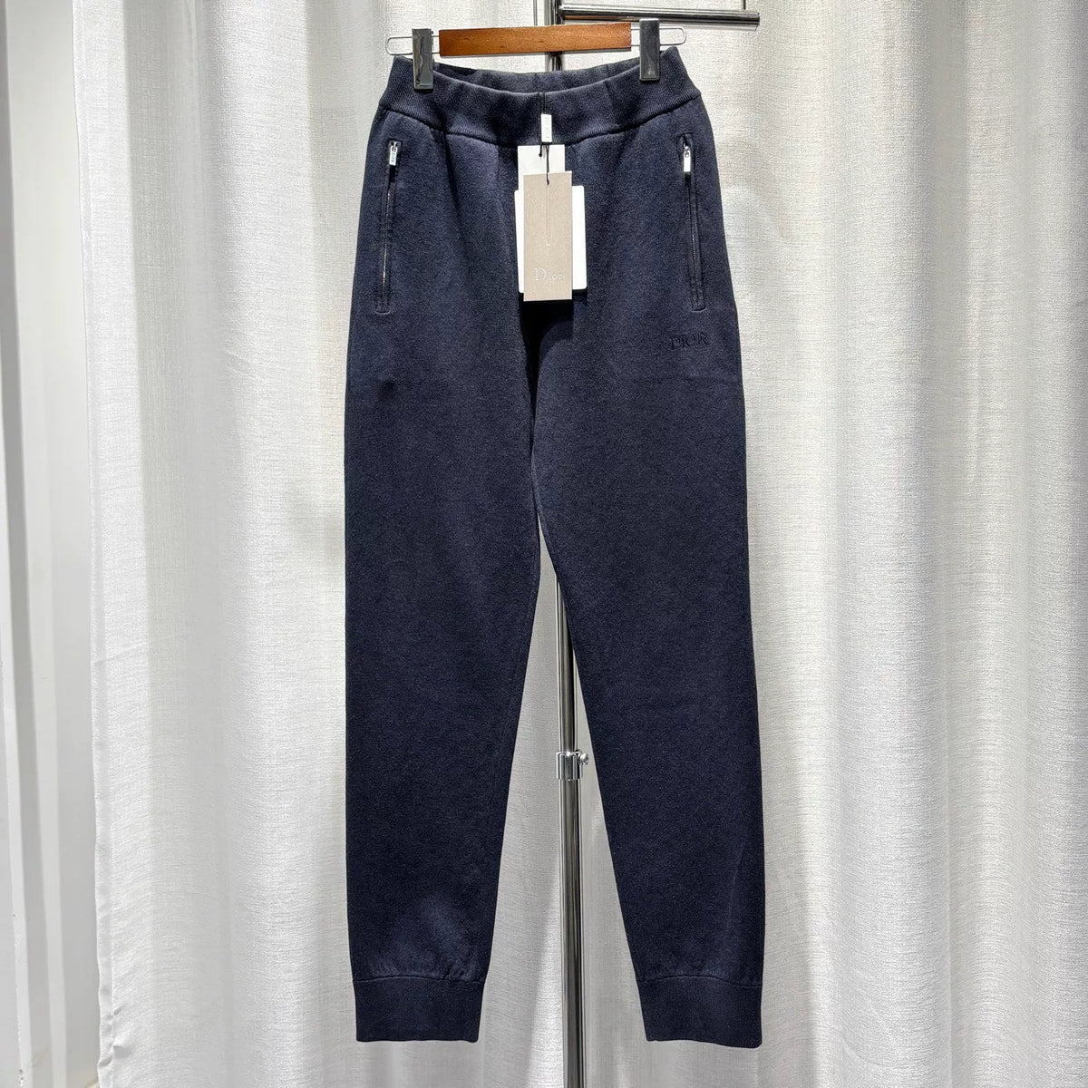 Dior Navy Blue All-Over Logo Print Embroidered Logo Elastic-Cuff Zip-Up Cotton Cashmere Trousers