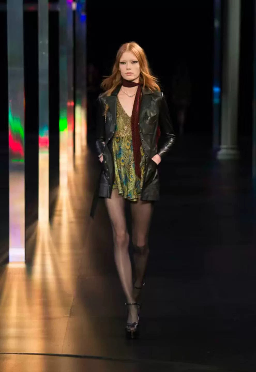 Saint Laurent SS15 Peacock Gold Thread Sequin Bead Viscose Silk Dress