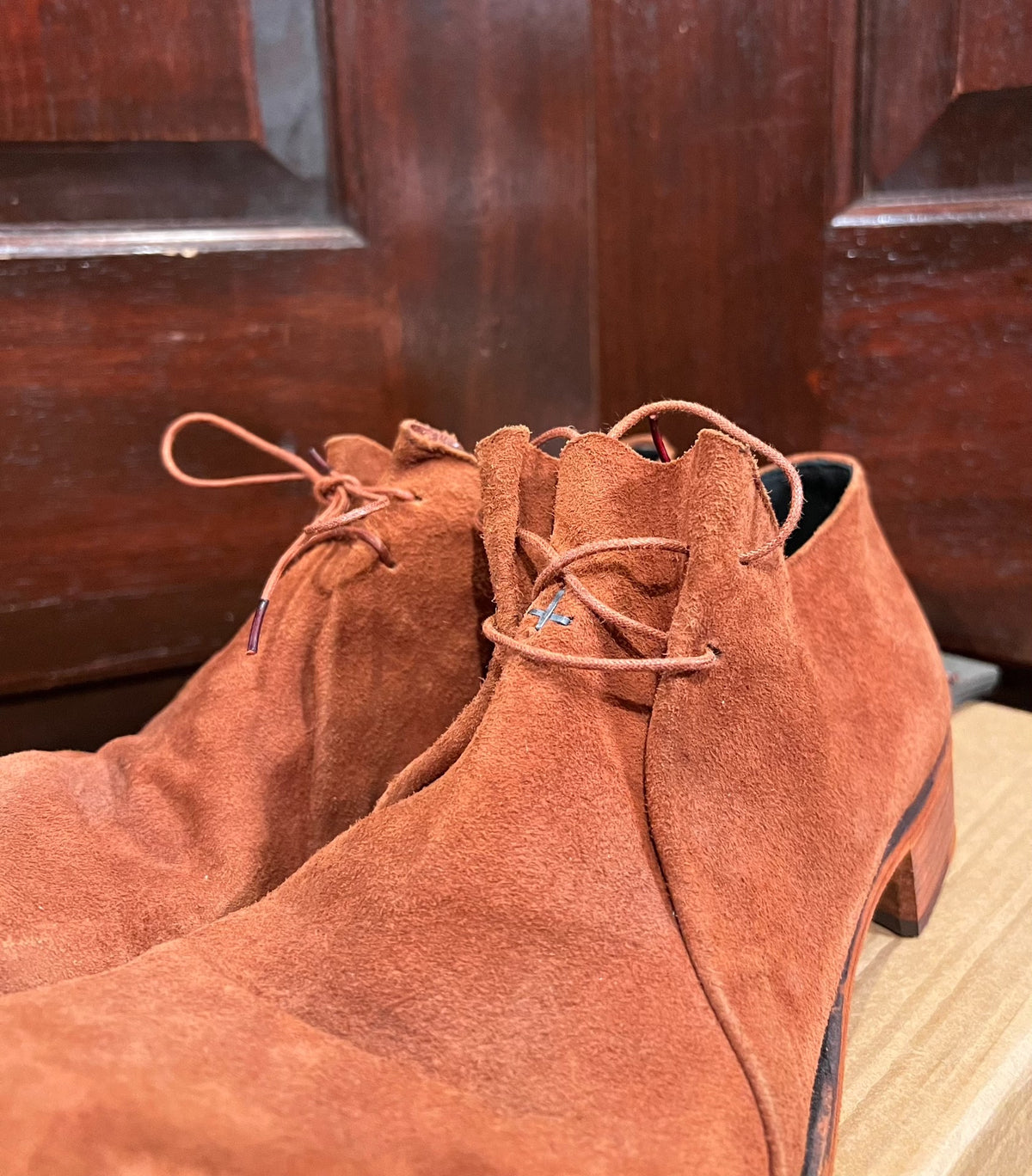 M.A+ Rosso Double Fold Coral Red Suede Derby Shoes