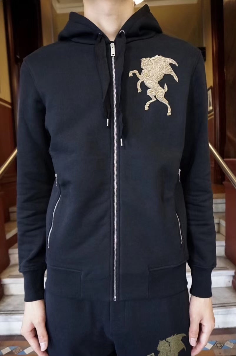 Alexander McQueen FW17 Black Flying Lion Embroidered Zip-Up Hooded Cotton Sweater