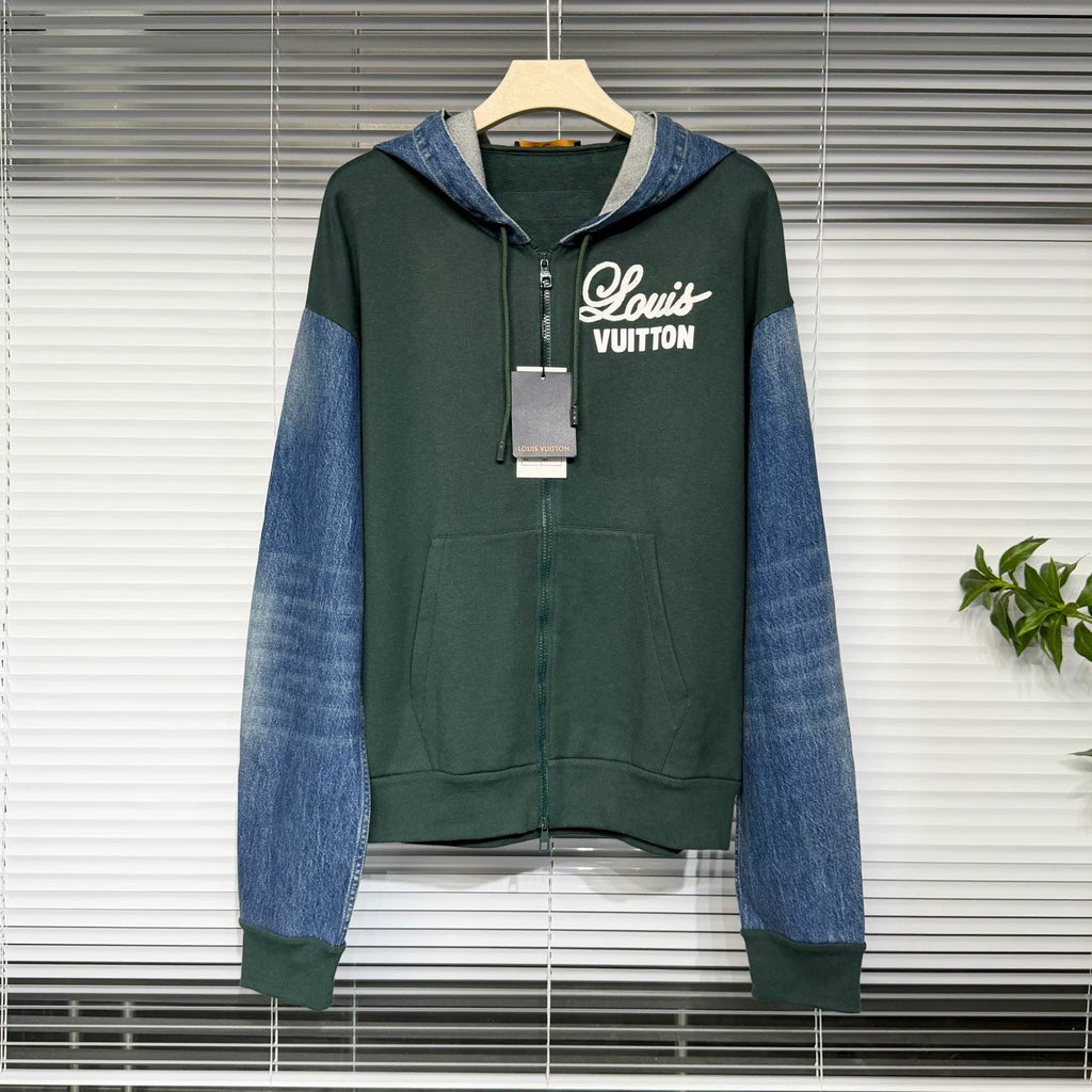 Louis Vuitton SS23 Jacket Zip Denim Color-Block Logo Embroidered Cotton Denim Green Hoodie