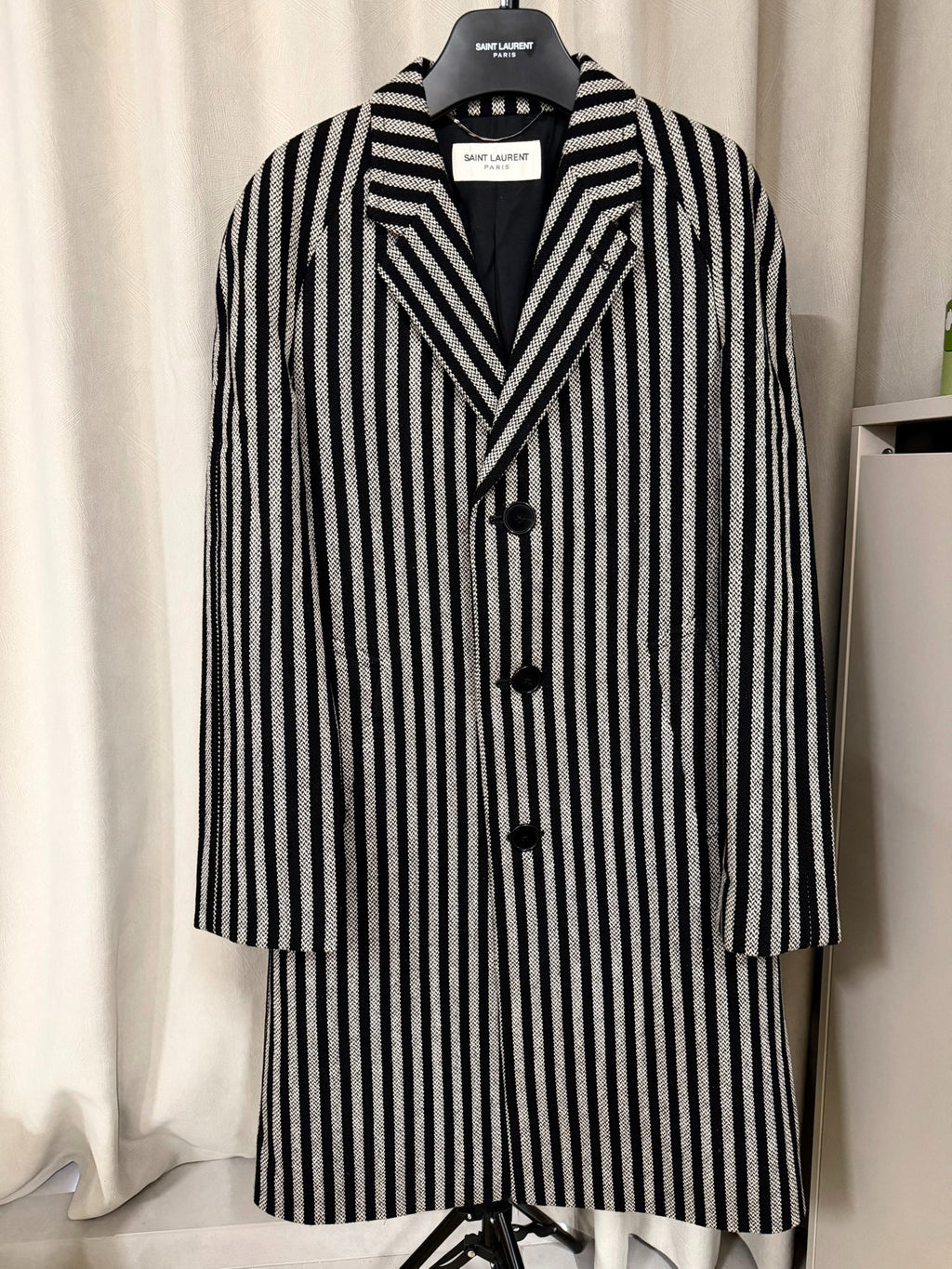 Saint Laurent Paris AW14 Black White Striped Virgin Wool Coat by Hedi Slimane