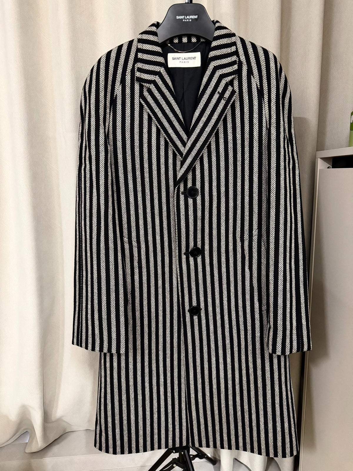 Saint Laurent Paris AW14 Black White Striped Virgin Wool Coat by Hedi Slimane