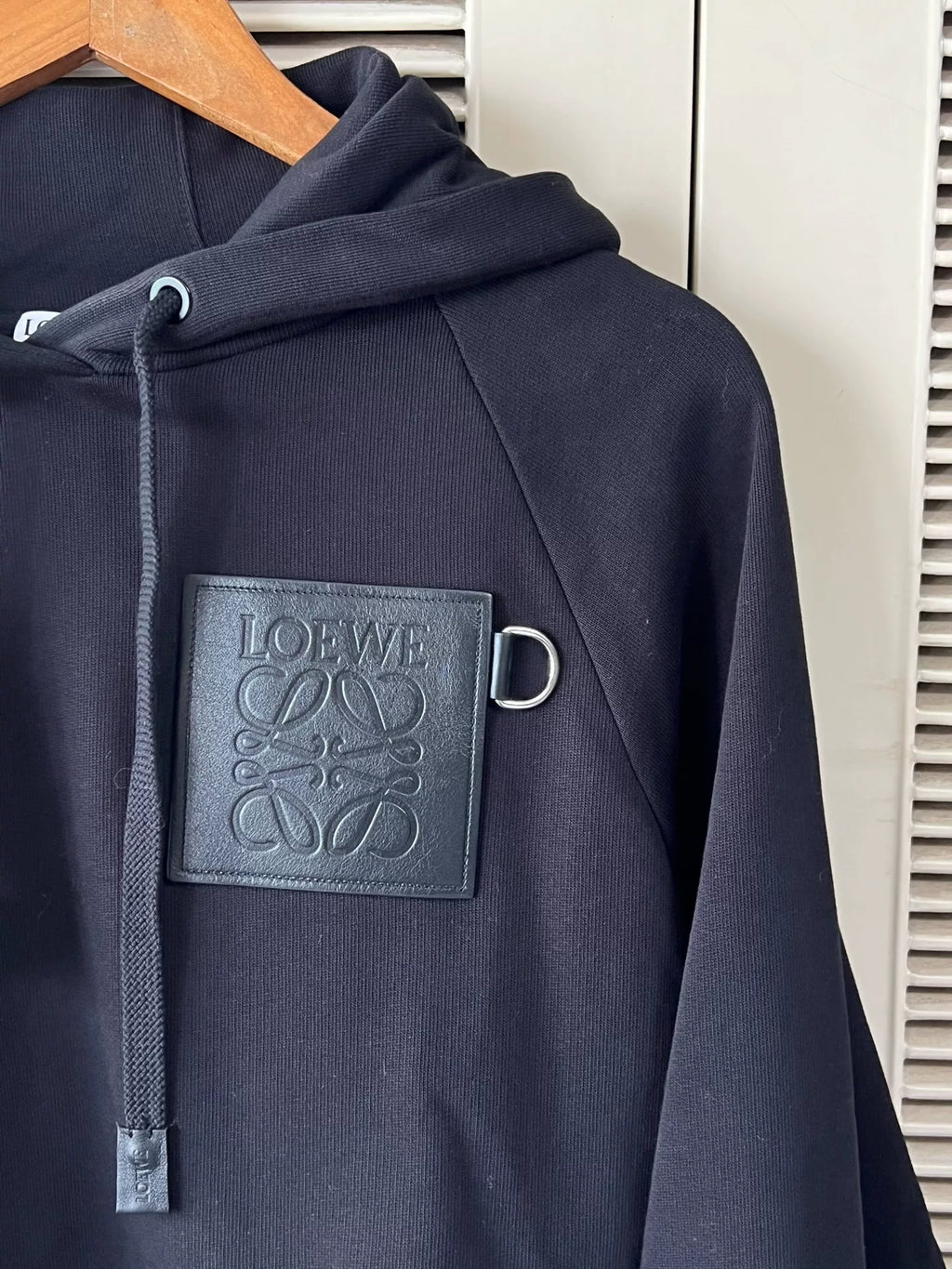 Loewe Leather Logo Cropped Black Hoodie