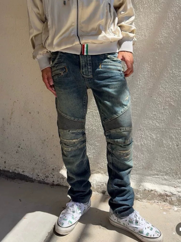 Balmain FW15 Distressed Biker Blue Jeans