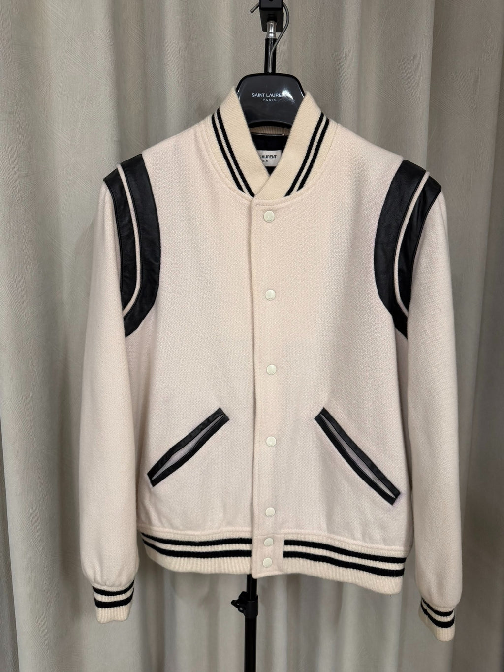 Saint Laurent Paris FW22 White Wool Color-Block Baseball Teddy Jacket