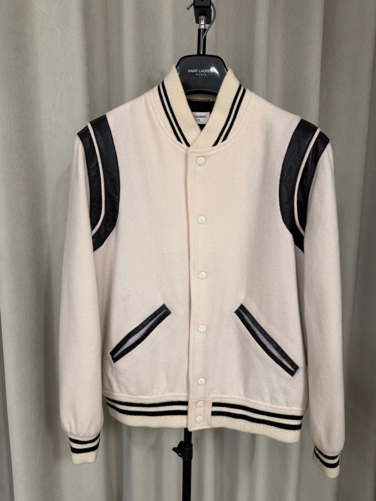 Saint Laurent Paris FW22 White Wool Color-Block Baseball Teddy Jacket