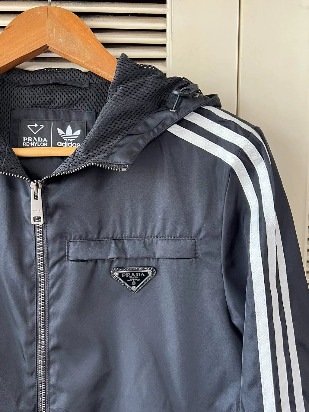 Prada X Adidas Hooded Triangle Logo Black Jacket