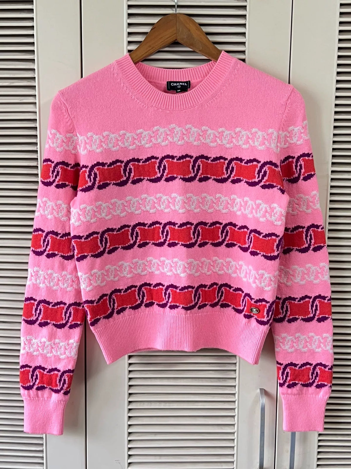 Chanel Crew Neck Long Sleeve Slim Top Pink Knit Sweater