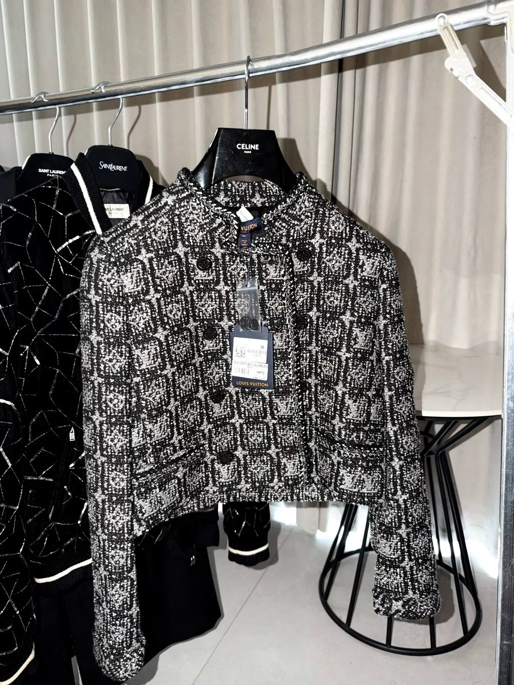 Louis Vuitton FW24 Glitter Grey Sequin Boucle Stand-Collar Jacket
