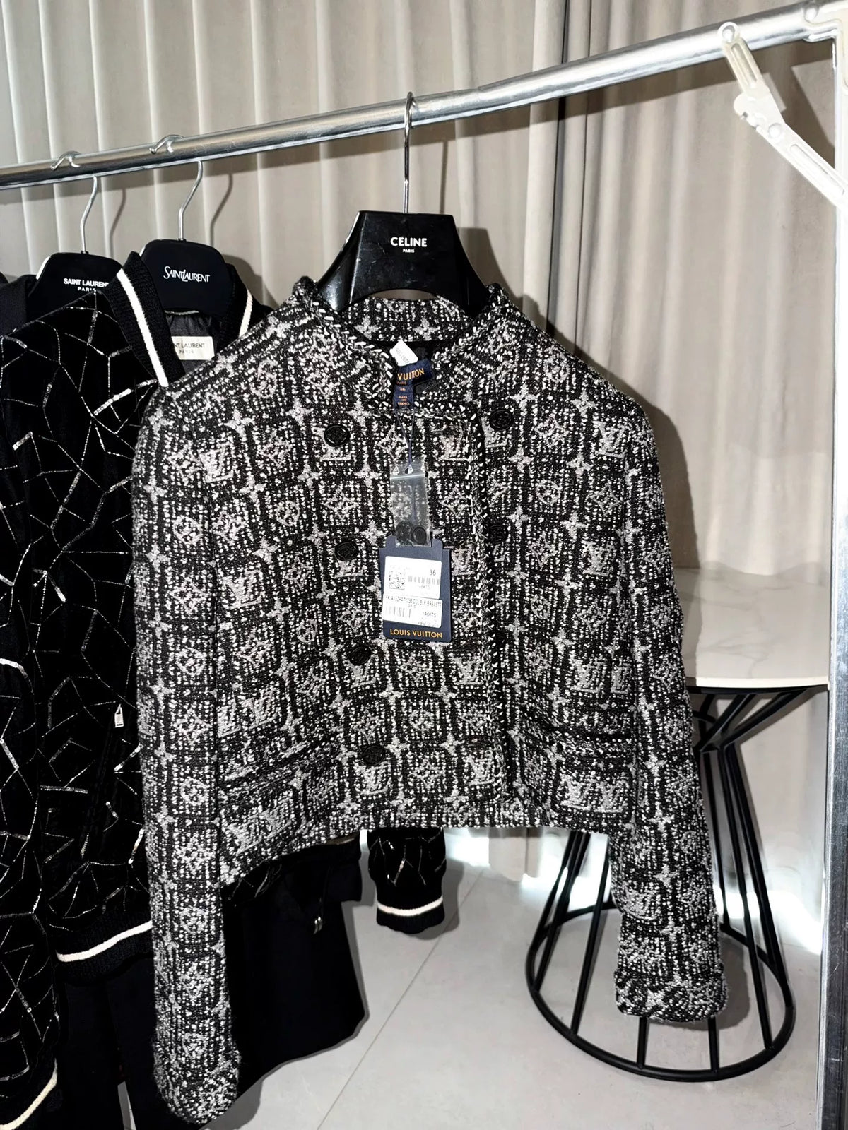 Louis Vuitton FW24 Glitter Grey Sequin Boucle Stand-Collar Jacket