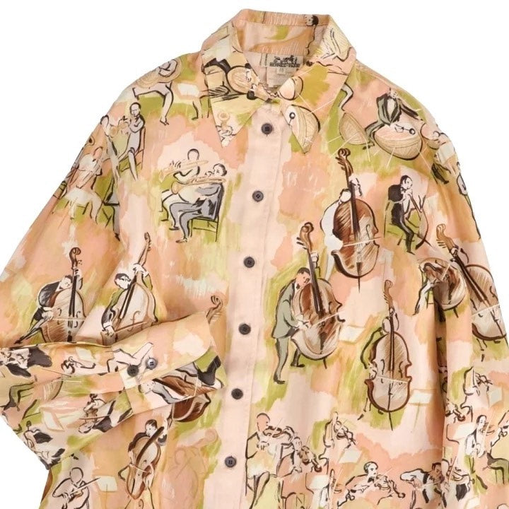 HERMES 1990s Concert Print Long Sleeve Silk Shirt
