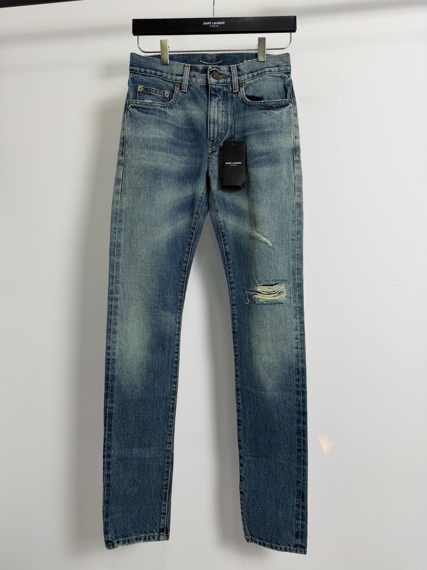 Saint Laurent Paris SLP 16FW Destroyed Knee Cutout Ombre Men's Blue Jeans