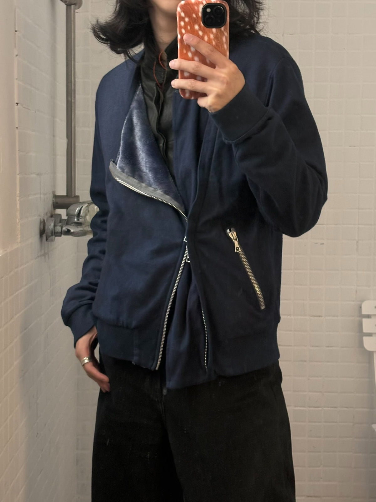 Dries Van Noten | Blue Velvet Diagonal Zipper Jacket