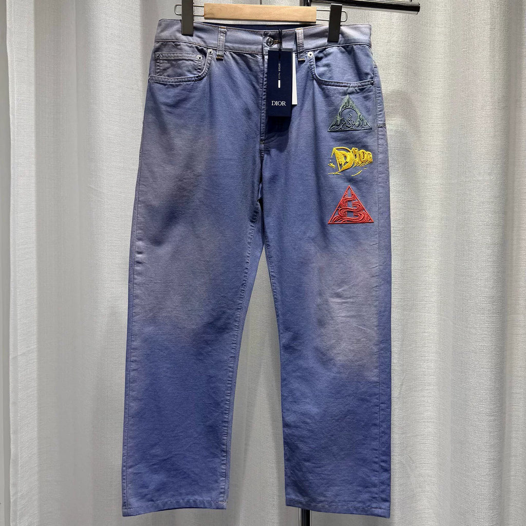 Dior Embroidered Logo Tie-Dye Straight-Leg Leather Patch Blue Jeans