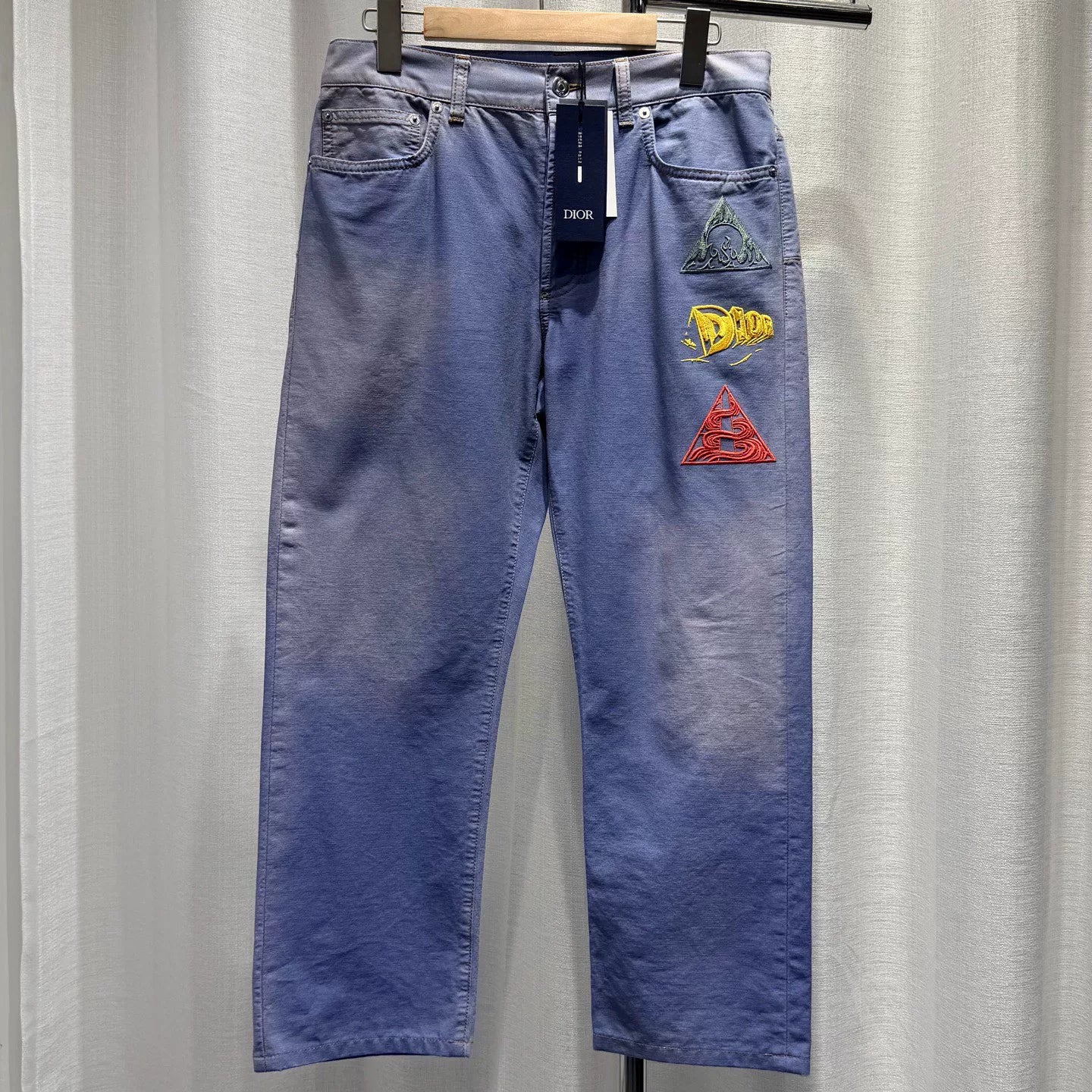 Dior Embroidered Logo Tie-Dye Straight-Leg Leather Patch Blue Jeans