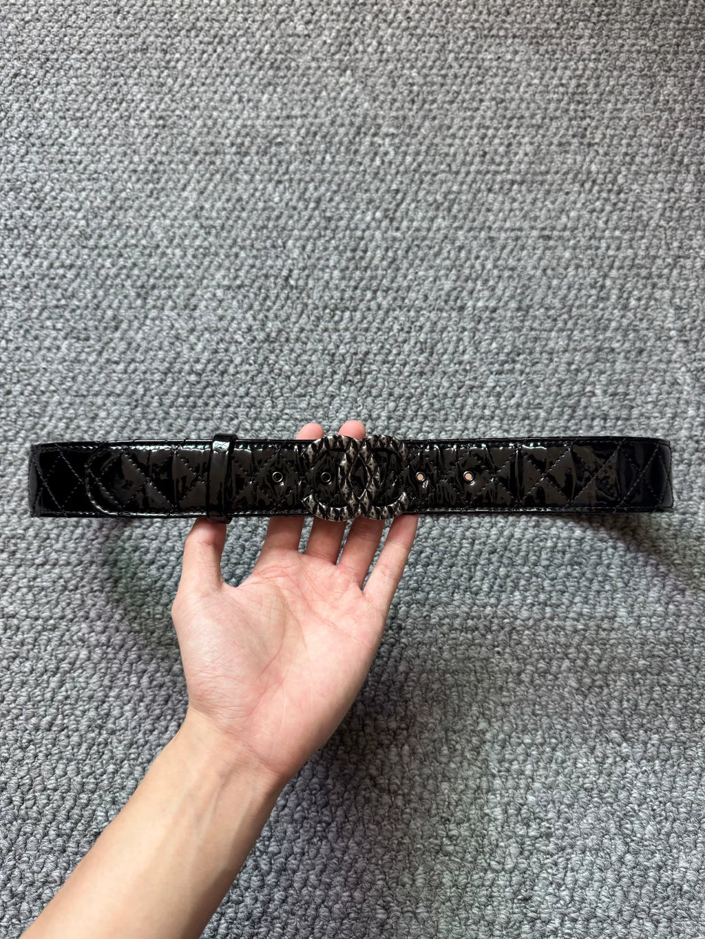 Chanel Black Patent Leather Quilted Belt