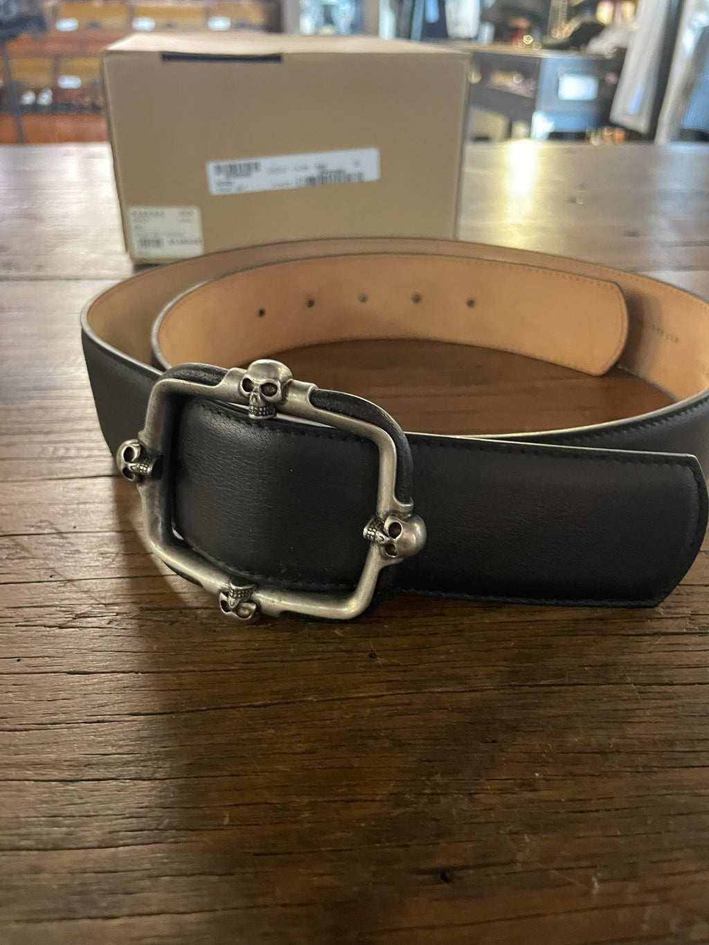 Alexander McQueen FW16 85cm-95cm Black Four Skull Silver Buckle Calfskin Belt