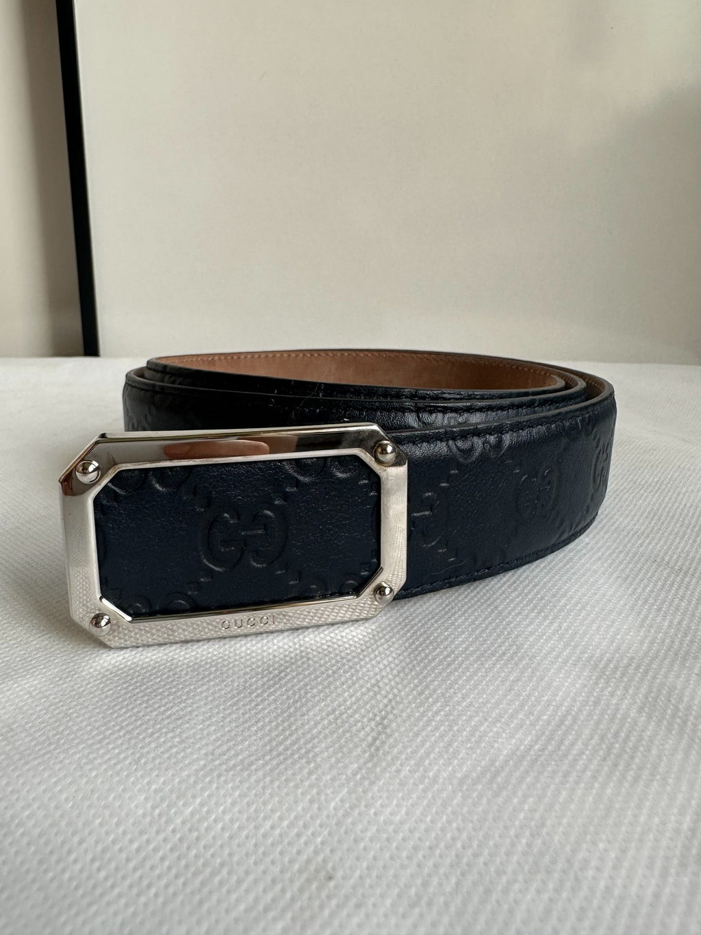Gucci Black GG Monogram Silver Square Buckle Belt