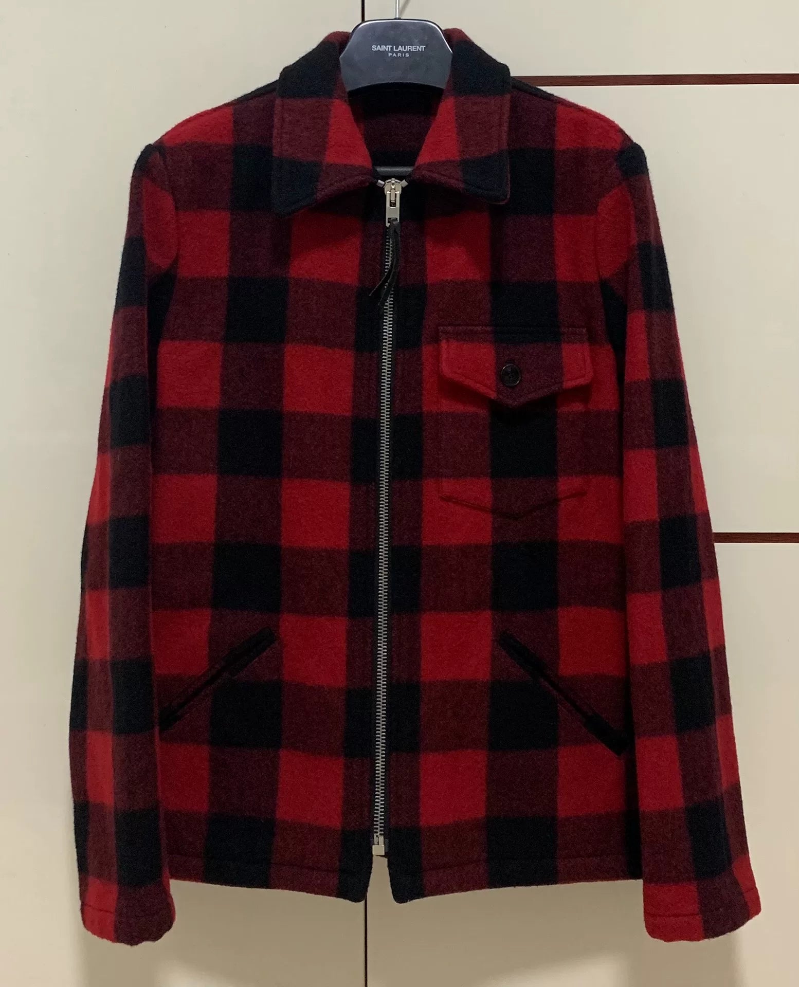 Saint Laurent 13FW Pocket Red Black Plaid Wool Flannel Jacket
