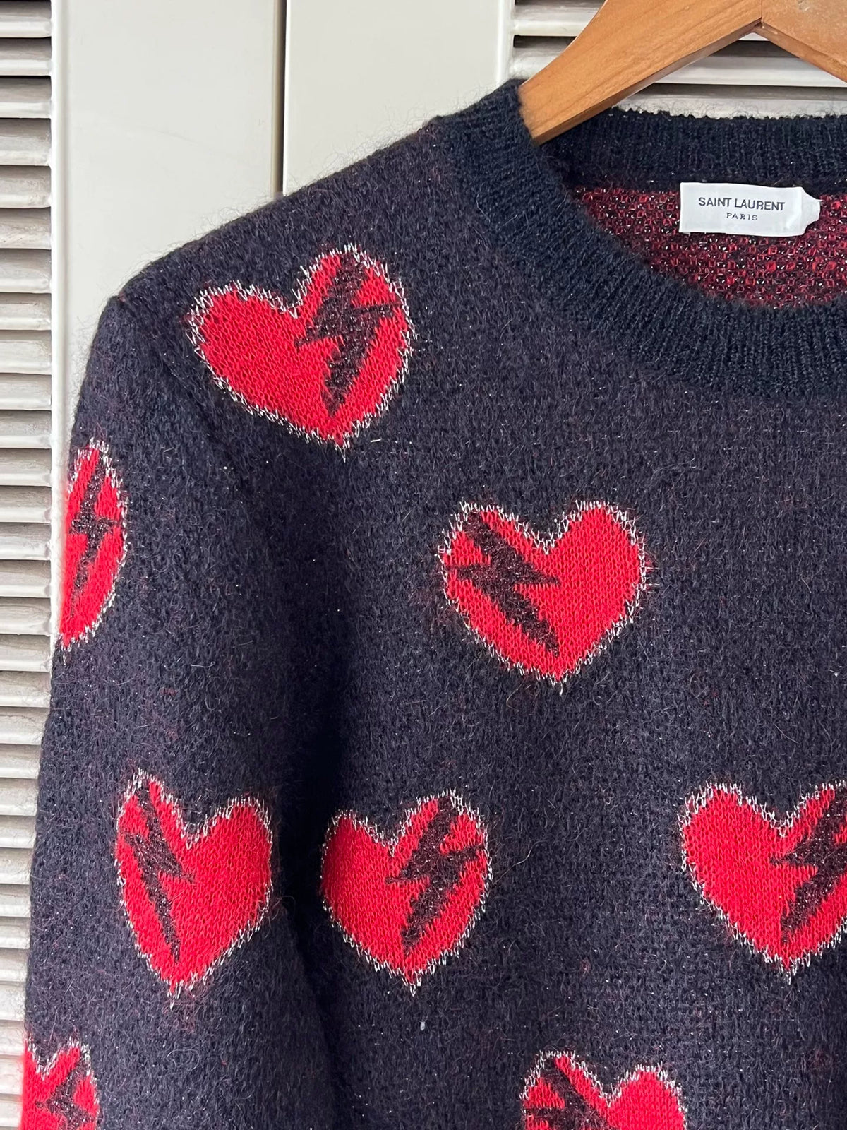 Saint Laurent black mohair sweater with heart and lightning bolt design