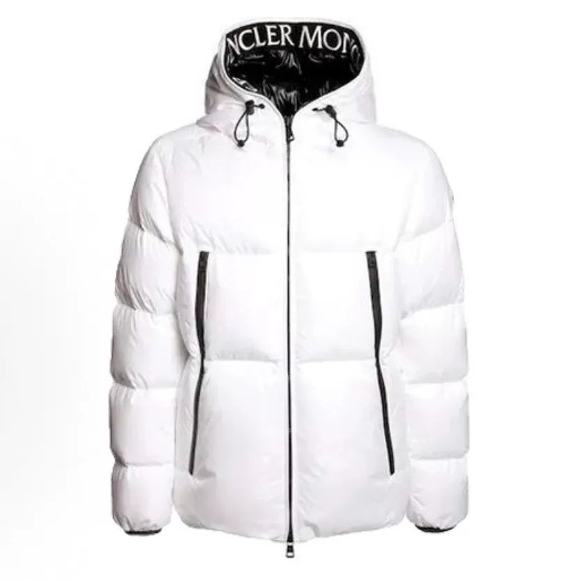 Moncler Baronnies White Heavy Letter Embroidery Logo Tape Zip-Up Hooded Nylon Down Jacket