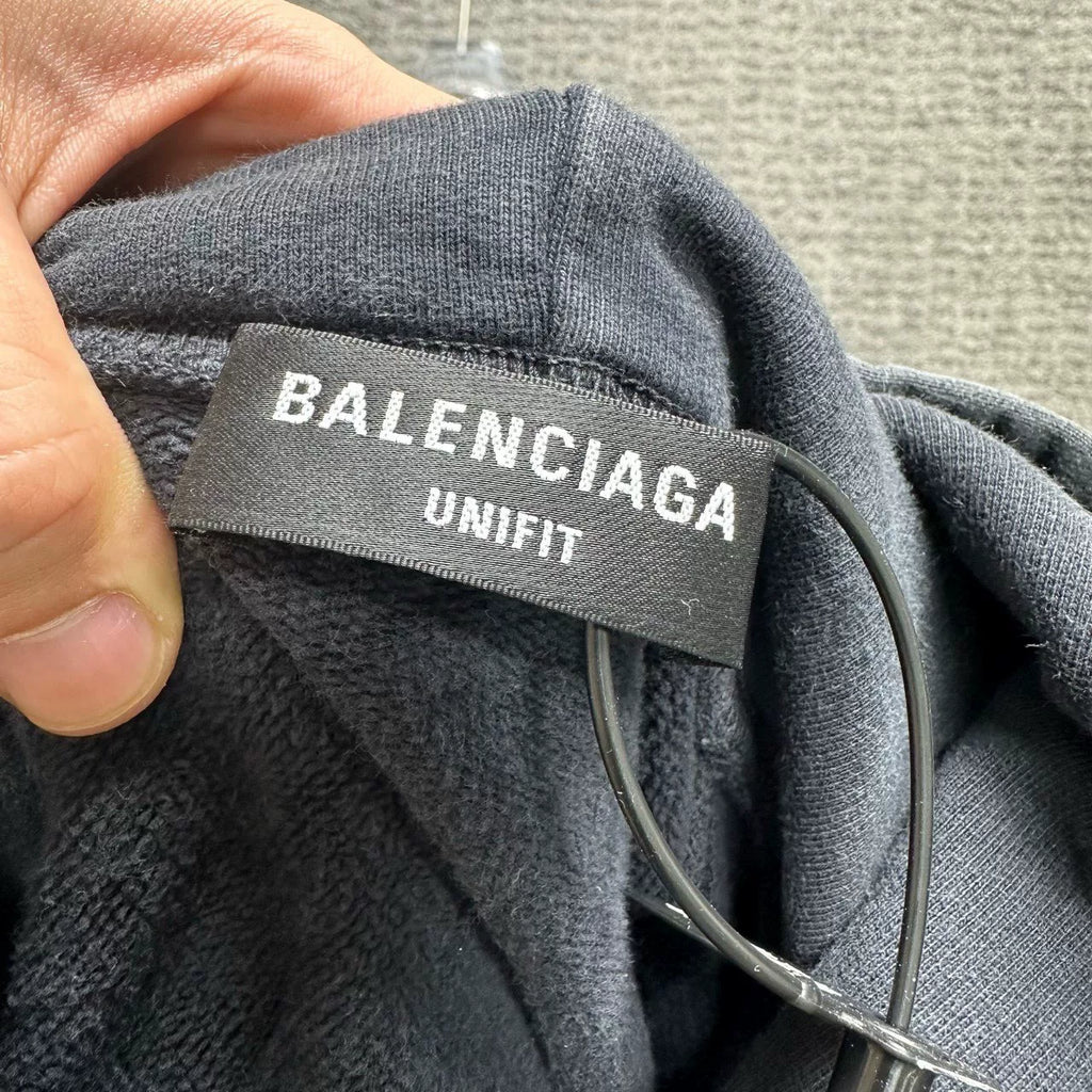 Balenciaga Grey Strikethrough Tape Logo Washed Hooded Sweater