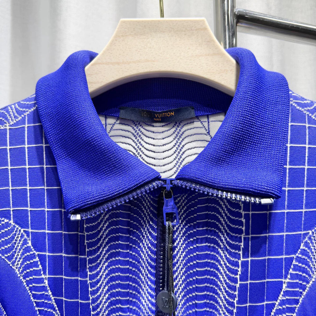Louis Vuitton Striped Embroidered Checkerboard Stand Collar Cotton Blue Jacket
