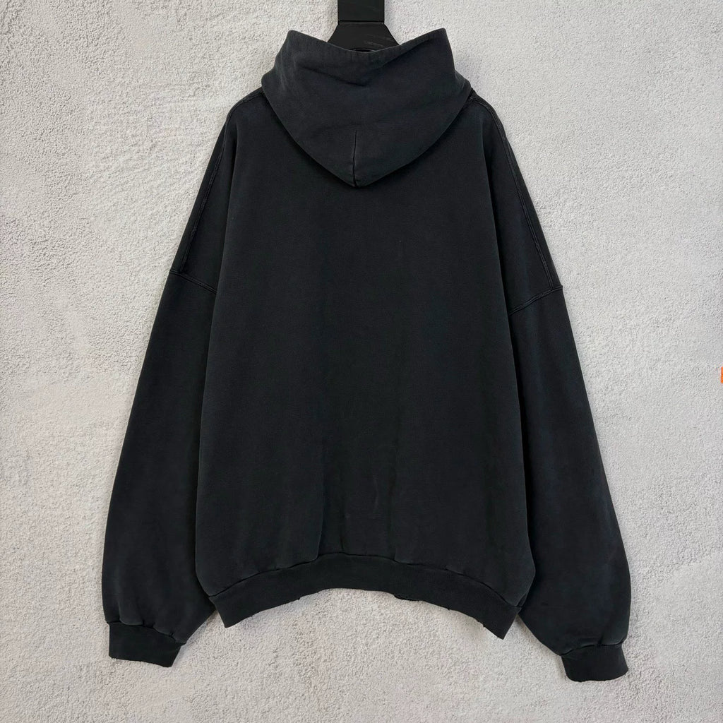 Balenciaga Black Distressed Wash Appliqué Logo Hooded Sweater