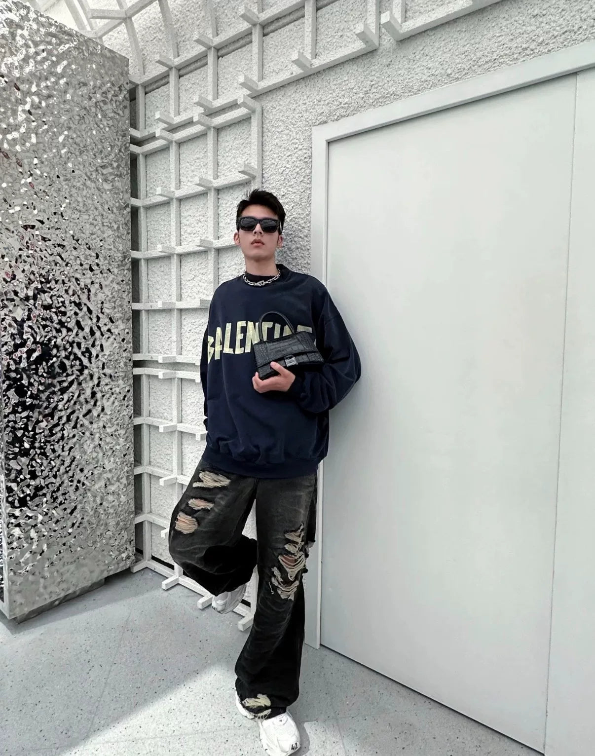 Balenciaga Washed Distressed Tape Logo Crewneck Sweatshirt