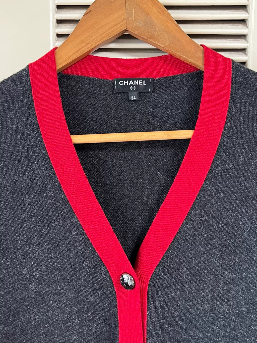 Chanel Grey Red Trim V-Neck Knit Cardigan