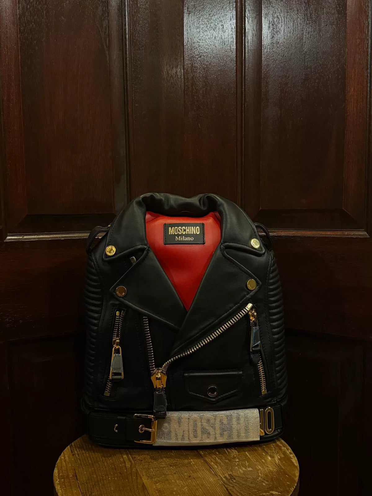 Moschino FW14 Black Biker Gold Buckle Lambskin Backpack