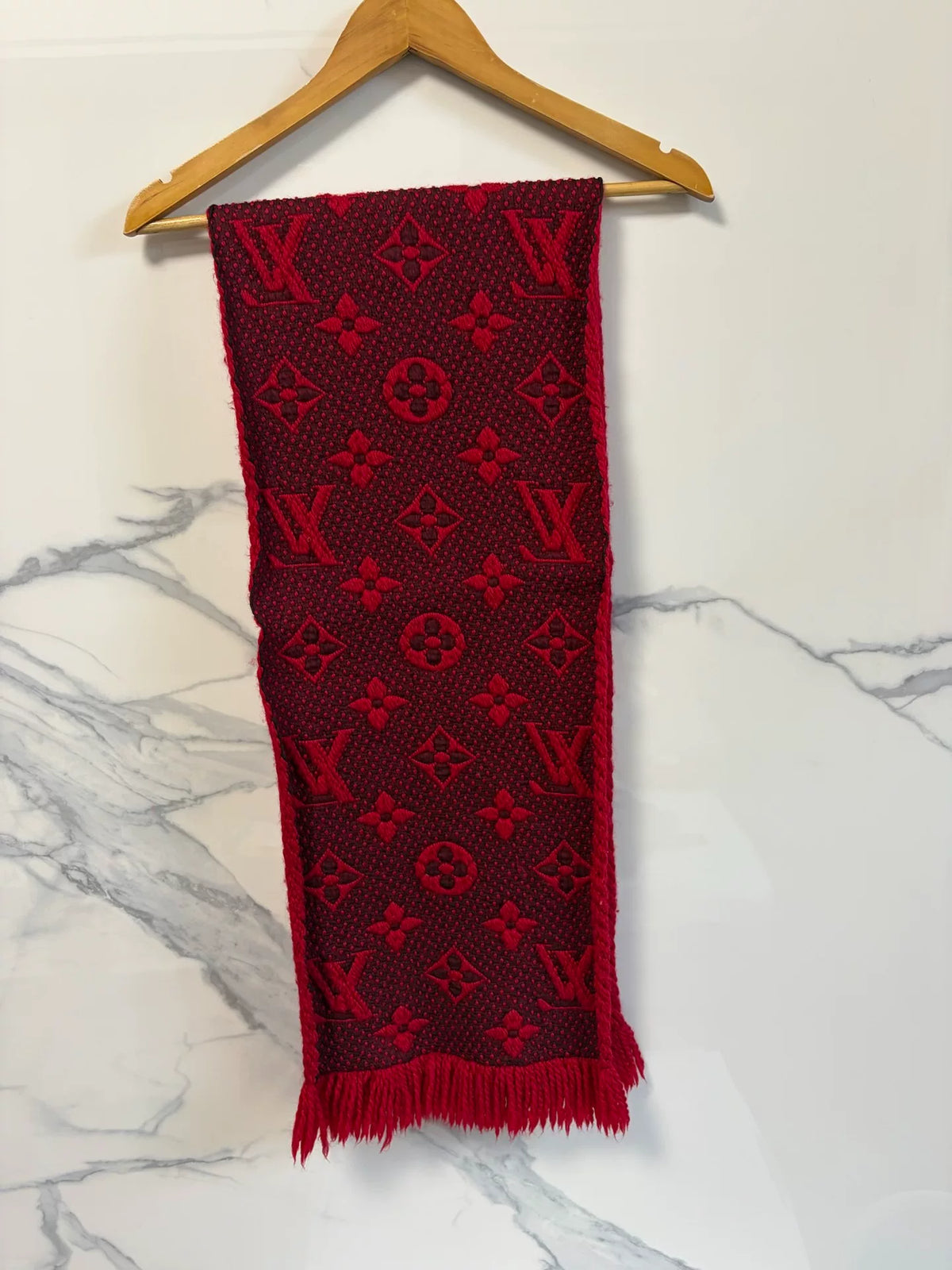 Louis Vuitton Red Monogram Wool Silk Fringe Scarf