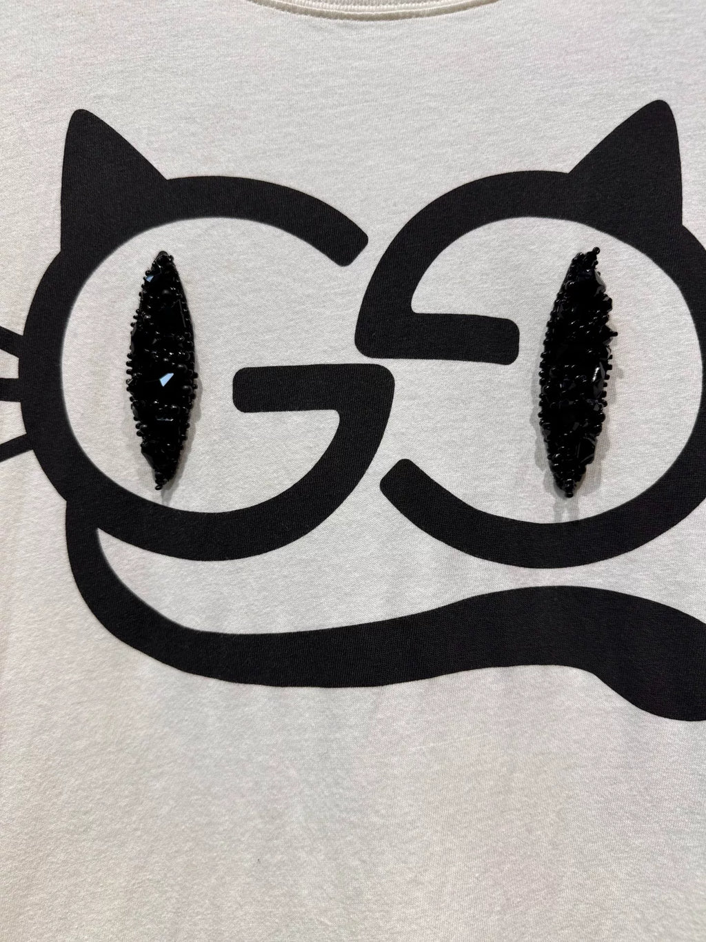 Gucci White Sequined Cat Eye Print Knit Crew Neck Short Sleeve T-Shirt