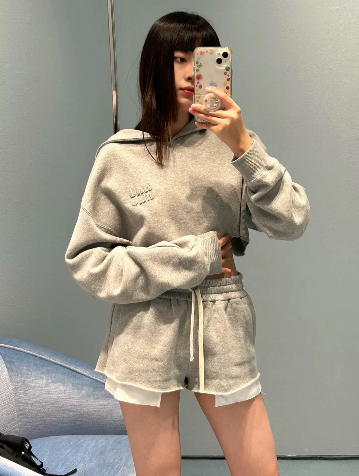 Miu Miu Grey Navy Collar Logo Sweater