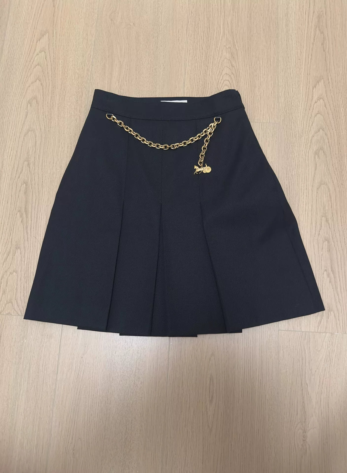 Celine Black Carriage Logo Gold Chain Wool Skirt