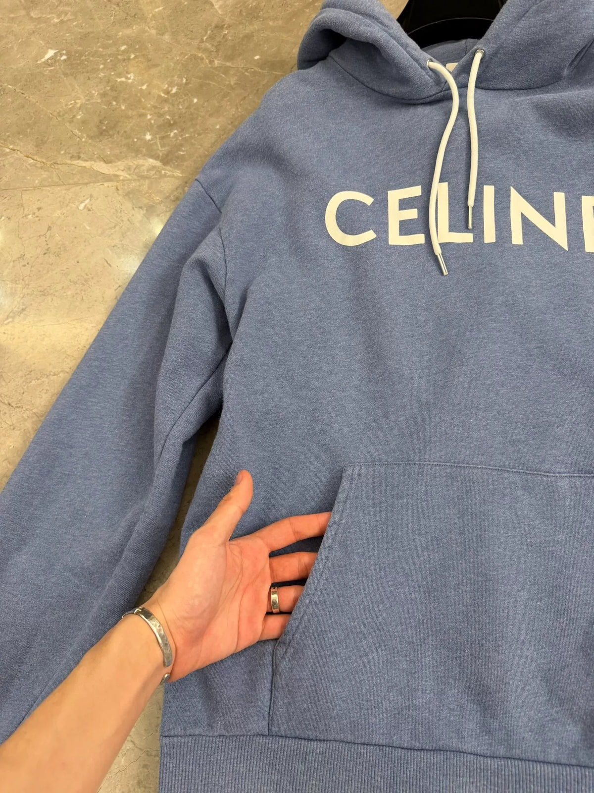 Celine Haze Blue Logo Hooded Cotton Sweater by Hedi Slimane