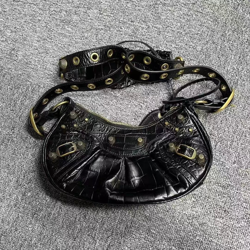 Balenciaga Black Gold Riveted Pleated Leather Shoulder Bag