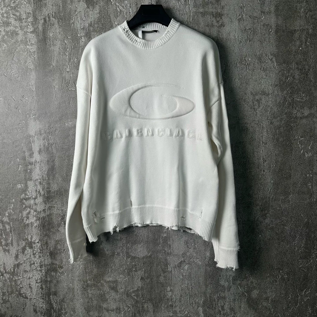 Balenciaga Embroidered Distressed Crew Neck Sweater
