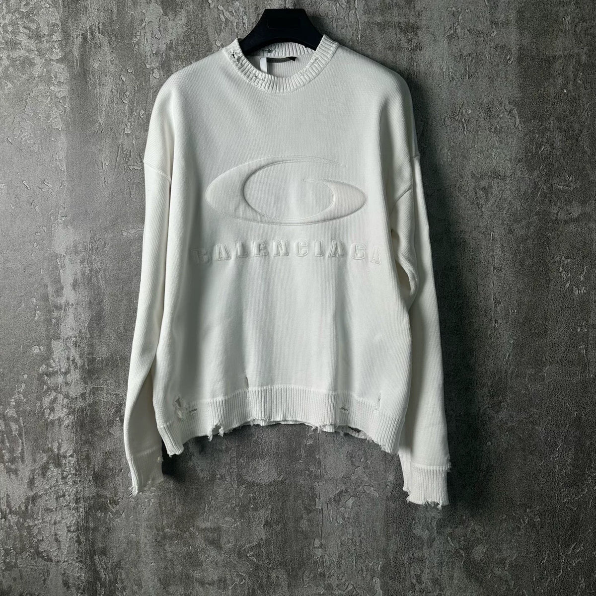 Balenciaga Embroidered Distressed Crew Neck Sweater