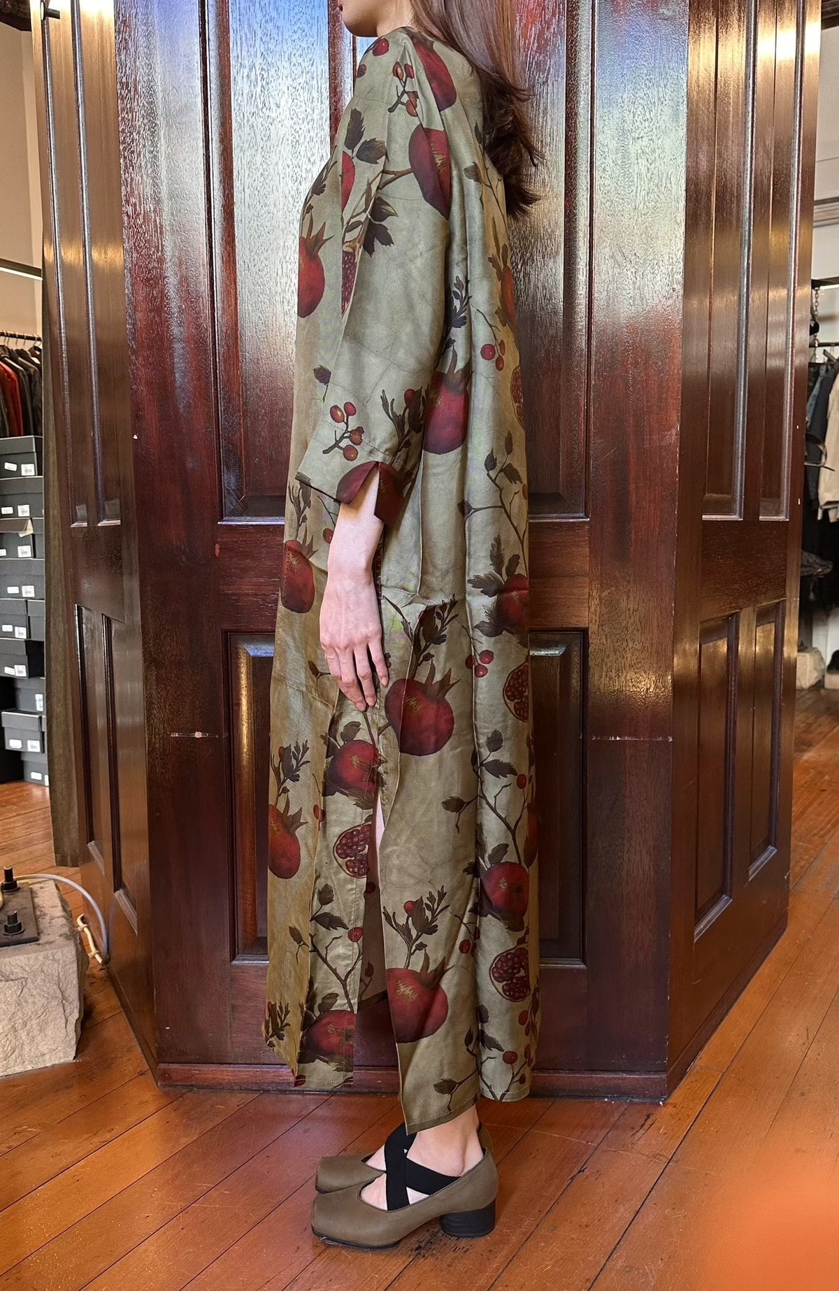 Uma Wang FW25 Pre Tan/Red/Green Agina Pomegranate Print Viscose/Cupro Dress