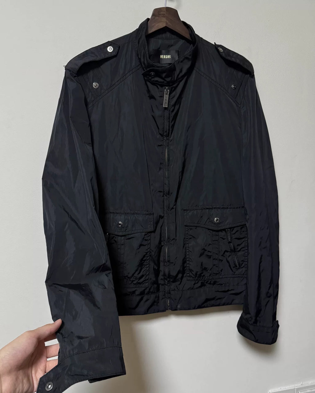 Versace 2000s Black Blue Nylon Zip-Up Jacket