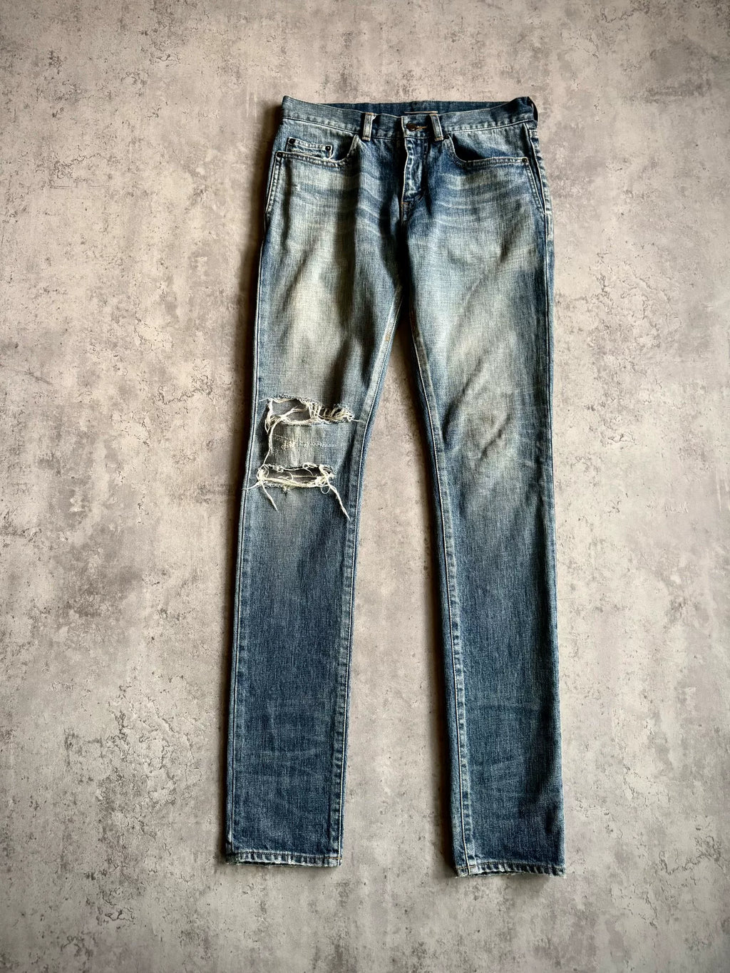 Saint Laurent 19SS D02 Blue Washed Distressed Denim Jeans