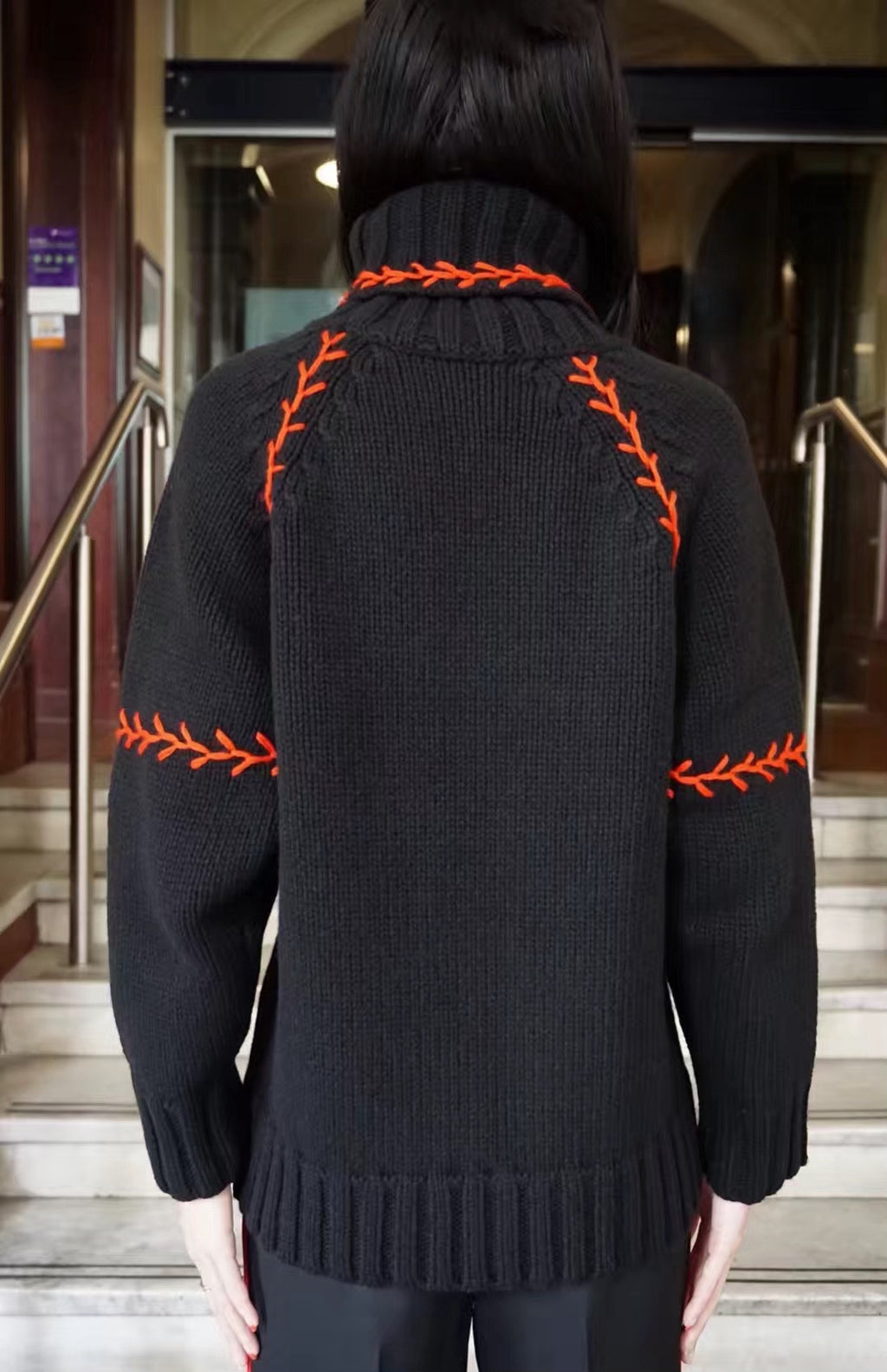 Alexander McQueen FW17 Black Red Feather Embroidered Turtleneck Cashmere Sweater