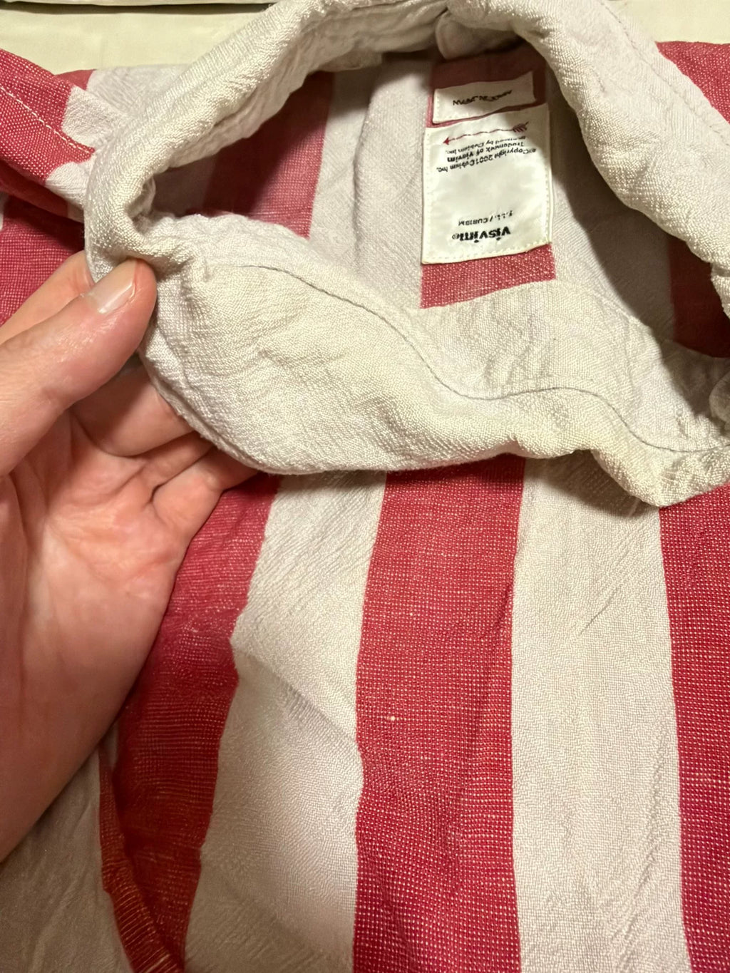 visvim SS20 Dead-ball Era Grey Red Striped Half-Collar Three-Quarter Sleeve Cotton Linen Shirt