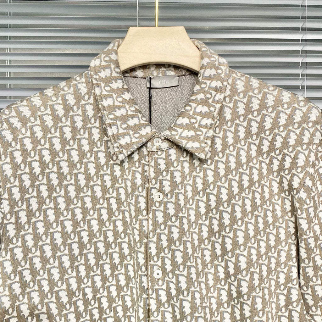 Dior Knit Lapel Shirt Oblique All-Over Logo Print Cotton Button-Front Shirt