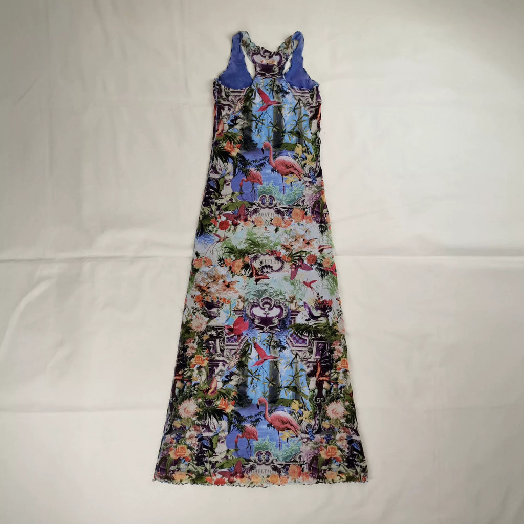 Jean Paul Gaultier Flamenco Flamingo Tropical Floral Mesh Vest Dress