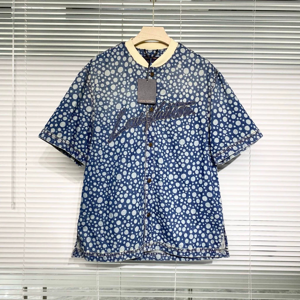 Louis Vuitton Denim Short Sleeve Yayoi Kusama Polka Dot All-Over Print Embroidered Logo Denim Blue Shirt