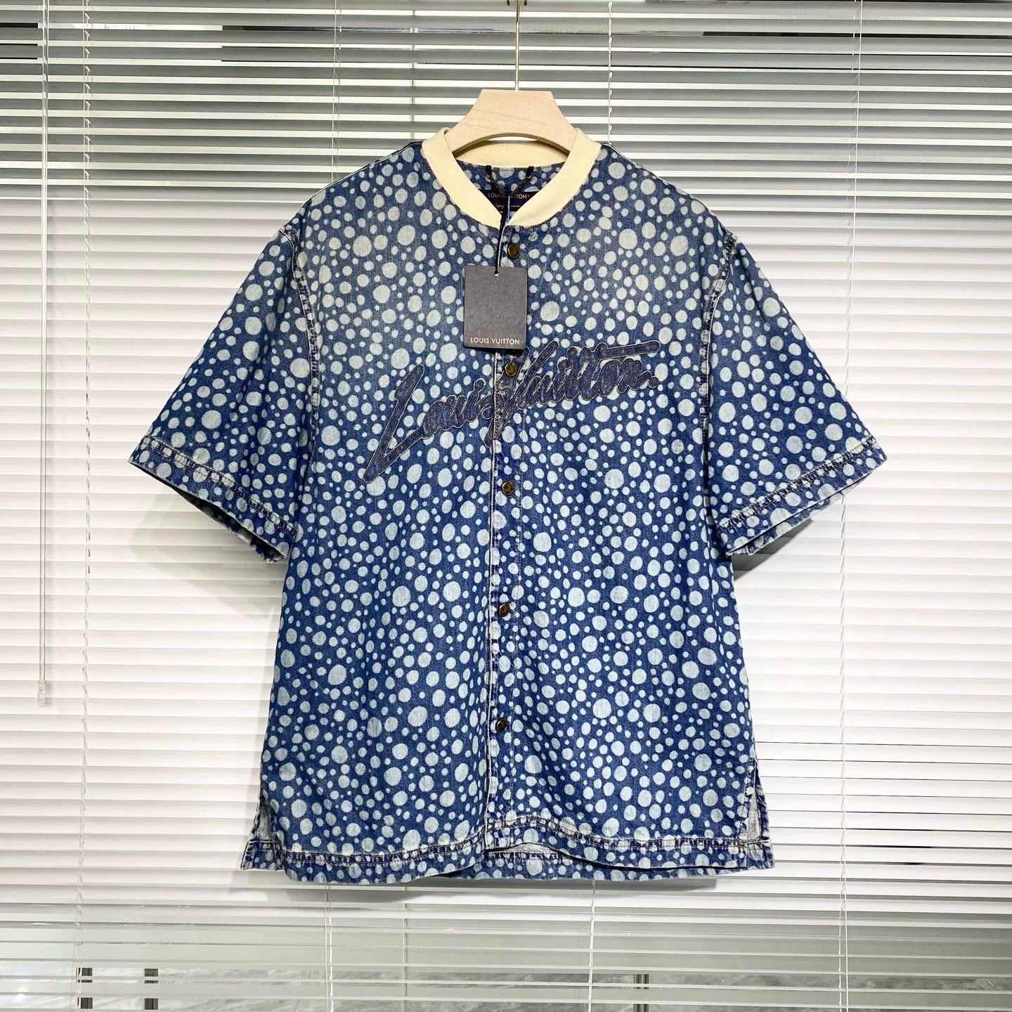Louis Vuitton Denim Short Sleeve Yayoi Kusama Polka Dot All-Over Print Embroidered Logo Denim Blue Shirt