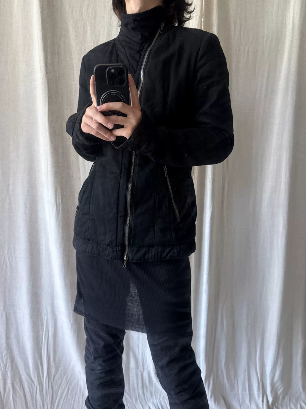 Julius AW11 Stand-Collar Diagonal Zip Quilted Cotton Jacket